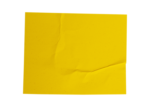 Blank crumpled yellow sticker dented paper note paper with transparent background, providing copy space for text or design elements