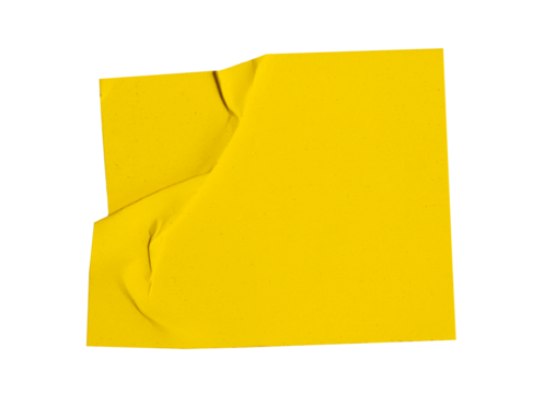Blank crumpled yellow sticker dented paper note paper with transparent background, providing copy space for text or design elements