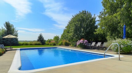 Serene outdoor swimming pool amidst lush greenery on a sunny day