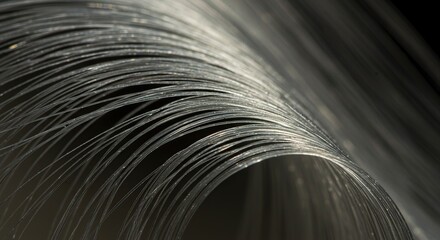 Abstract Curved Silver Fibers Close-Up: Shiny Metallic Strands in Flowing Lines, Modern and Technological Texture, Minimalist Design Element, Metallic Background Detail.