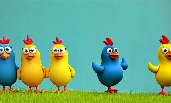 Cartoon hens standing on grass against a cyan backdrop, poultry animation, avian characters