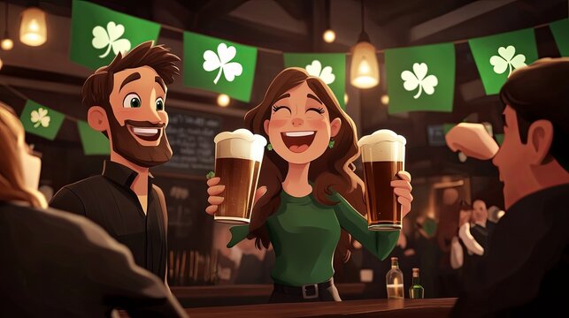A cheerful gathering in a pub features friends raising beers and smiling celebrating St Patrick's Day
