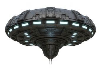 A futuristic UFO spacecraft with a sleek metallic exterior isolated on transparent background