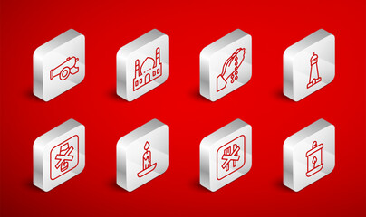 Set line Ramadan Kareem lantern, Muslim Mosque, Hands in praying position, tower or minaret, fasting, cannon, Burning candle and No alcohol icon. Vector