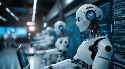 Fototapeta premium Futuristic robotics lab featuring humanoid AI models working on computer interfaces