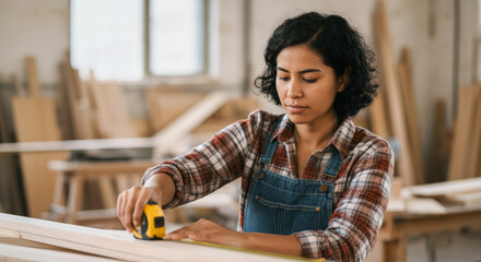 Hispanic female carpenter measuring wood in workshop setting with focus and precision