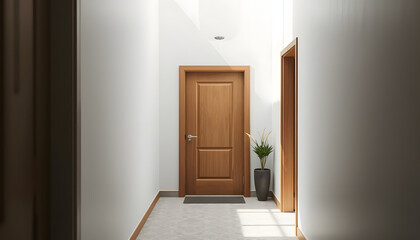 Narrow corridor with door at entrance of house, minimalism. White tone