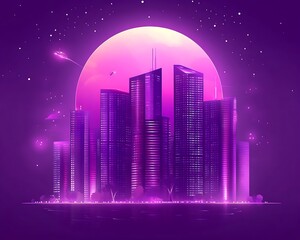 Naklejka premium Futuristic purple cityscape with giant moon and flying futuristic vehicles