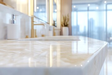 Classy marble surface in sleek bath zone hazy background hints at smart white vanity with twin sinks mirrors sunlight shines on smooth marble lid rich decor  
