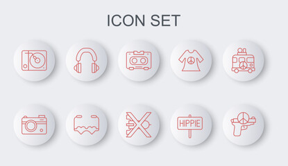 Set line No war, Photo camera, Retro audio cassette tape, Peace, Vinyl player, Headphones, Heart shaped love glasses and icon. Vector