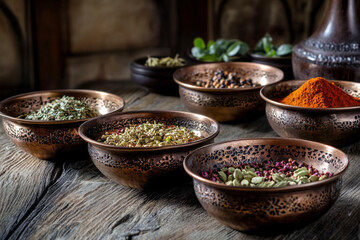A collection of bowls filled with various Indian spices and herbs like turmeric, cumin, and coriander, arranged on a rustic wooden background, offering a rich, aromatic, traditional vibe
