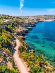 Obraz premium Coastal Trail Winding Path Scenic View - Serene coastal path, winding trail, turquoise water, cliffside vegetation, summer vacation. Symbolizing peace, adventure, nature, exploration, escape