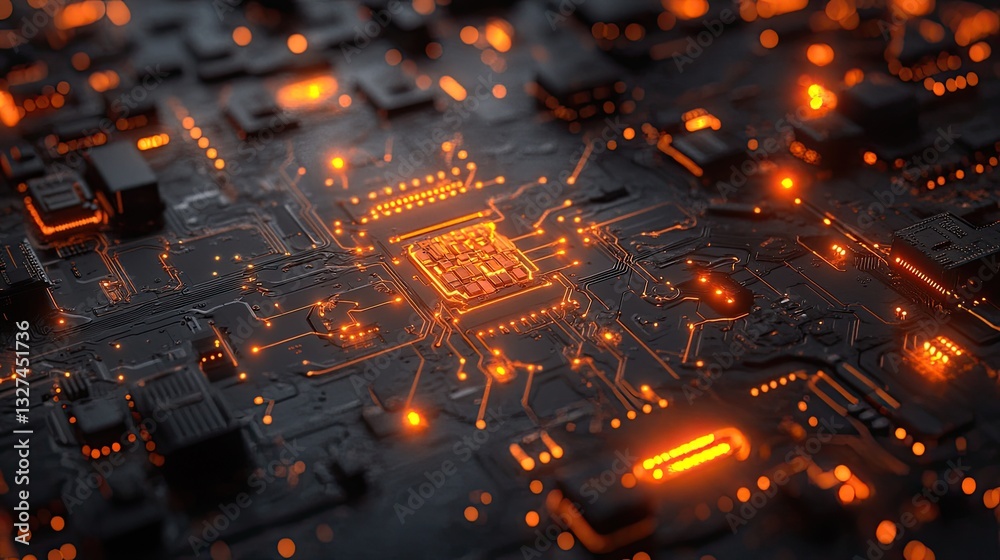 Aufkleber circuit board with glowing microchip, technological design, illuminated