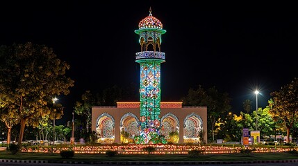 Naklejka premium Illuminated Night Structure Festive Colorful Architecture