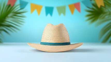 Light beige straw cowboy hat on a light blue background with colorful flags and palm leaves