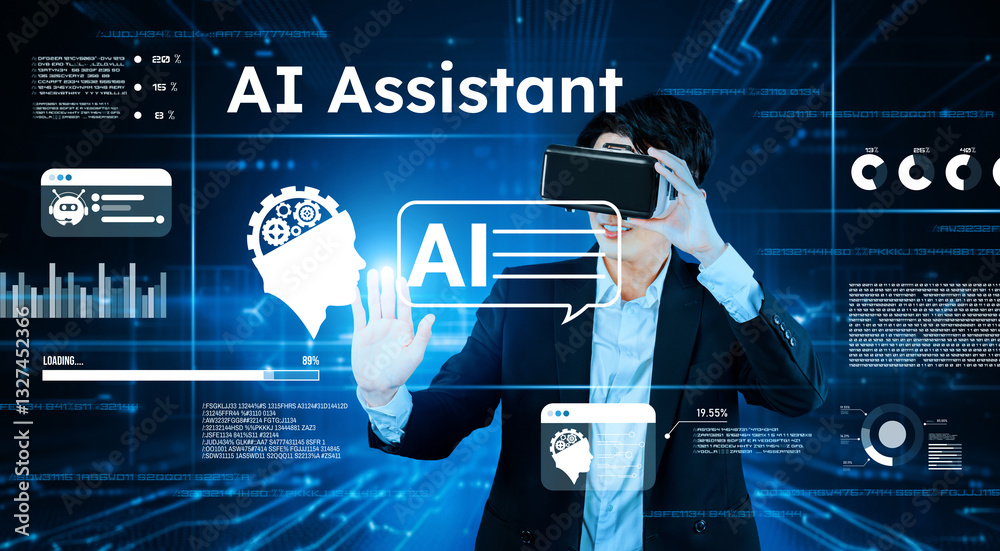Poster smart businessman wearing suit and vr goggle while using ai assistance planning plan. project manage