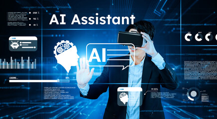 Smart businessman wearing suit and VR goggle while using AI assistance planning plan. Project manager generating data by using augmented reality glasses while pointing at glowing hologram. Ingenuity.