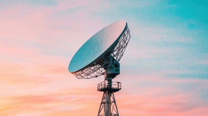 A large satellite dish stands against a colorful sky, showcasing technology's role in communication and connectivity.