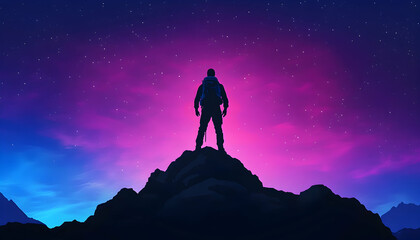 Fototapeta premium Lone climber atop mountain at twilight under starry sky