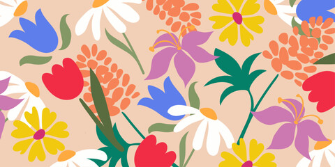 Background of blooming flowers in vector, flat style.