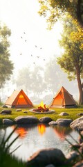 Tranquil Camping Scene Two Orange Tents by a Calm Pond in a Sunlit Forest