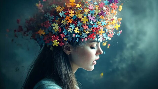 Young caucasian woman with exploding puzzle pieces symbolizing creative mind