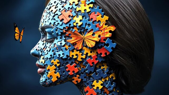 Woman's face covered in colorful puzzle pieces with butterfly accent