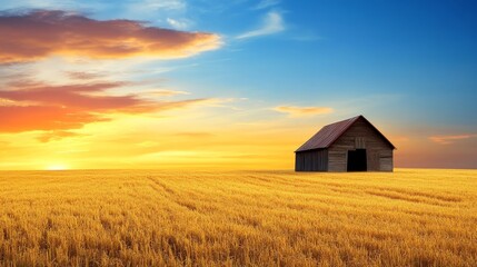 Golden Sunset Over Wheat Field with Barn - Serene sunset illuminates a golden wheat field with a rustic barn. Peaceful rural landscape