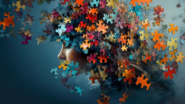 Surreal portrait of woman with puzzle piece hair and dreamlike expression