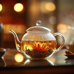 Glass teapot with flower tea.