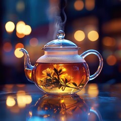 Glass teapot with steaming herbal tea, illuminated by warm lights.