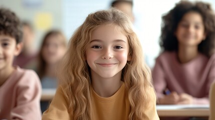 Obraz premium Cheerful girl in classroom, young students engaged and smiling, warm atmosphere, focus on learning and friendship.
