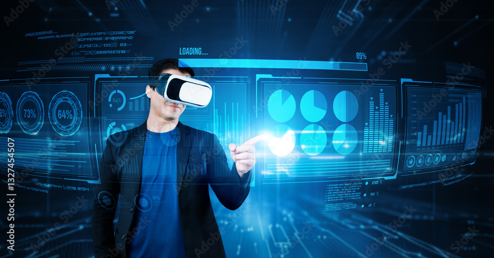 Poster smart business man with goggles working while using ai technology. manager accessing at global netwo