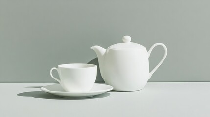 Fototapeta premium Porcelain Teapot and Cup Set - Elegant porcelain teapot and cup set, symbolizing serenity, warmth, tradition, hospitality, and relaxation. Perfect for a quiet moment