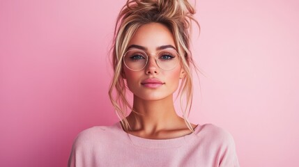 A charming woman with a playful hairstyle and glasses smiles brightly, showcasing her beauty against a soft pink backdrop, radiating happiness and style.
