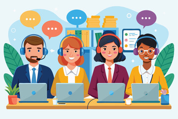 Four customer service representatives support clients via headsets and laptops in a bright office environment, Technical support, hot line call center opeartors,
