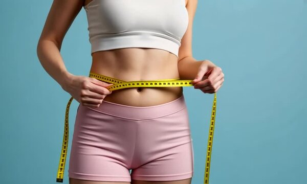 Woman measures waist with yellow tape, pink shorts, white top on blue background