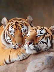 Obraz premium Serene Slumber: Tigers Sharing Peaceful Rest - Two majestic tigers nestled together, symbolizing peace, companionship, wildlife conservation, the beauty of nature, and the power of connection
