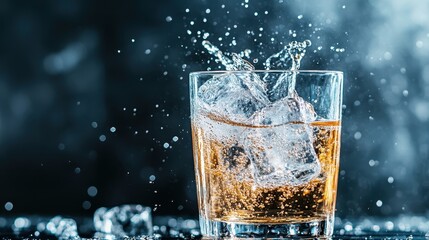 A dynamic shot capturing an ice-filled cocktail glass splashing, emphasizing the feeling of refreshment and enjoyment that comes with a well-crafted beverage.