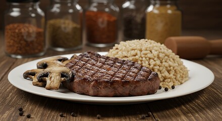Grilled Steak Served with Rice and Mushrooms on Wooden Table