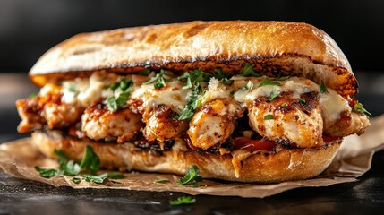 This image showcases a flavorful chicken submarine sandwich, featuring ample toppings and melted cheese, creating a tempting meal perfect for any time of day.
