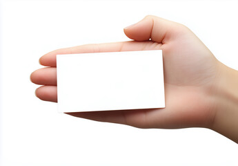 A person is holding a white card in their hand, which is blank. The card could be used for various purposes, such as a business card, a note, or a gift card