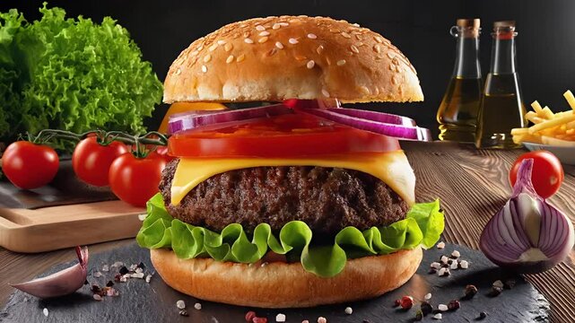 Ein Cheeseburger setzt sich fallend zusammen