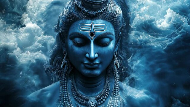 A majestic depiction of Lord Shiva meditating, surrounded by a blue cosmic aura, symbolizing peace, power, and divine wisdom. . High quality 4k footage