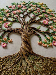 Embroidered Tree of Life with detailed roots and blossoms.