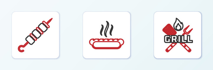 Set line Crossed fork and spatula, Grilled shish kebab and Hotdog sandwich icon. Vector