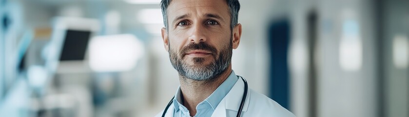 Obraz premium Doctor stands confidently in a bright hospital hallway, wearing a white coat and stethoscope. He smiles warmly amidst soft natural lighting and blurred medical equipment