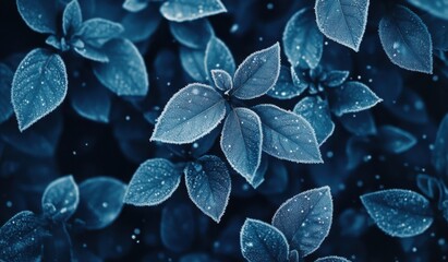 A close-up of leaves with frost on them, in blue tones, against a dark background