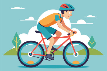 Fototapeta premium A teenage boy enjoys pedaling his bicycle through a park under a clear blue sky, Teenage boy rides bicycle and pedals,