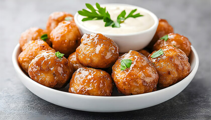 Golden, glazed meatballs, served on a plate with a side of creamy sauce